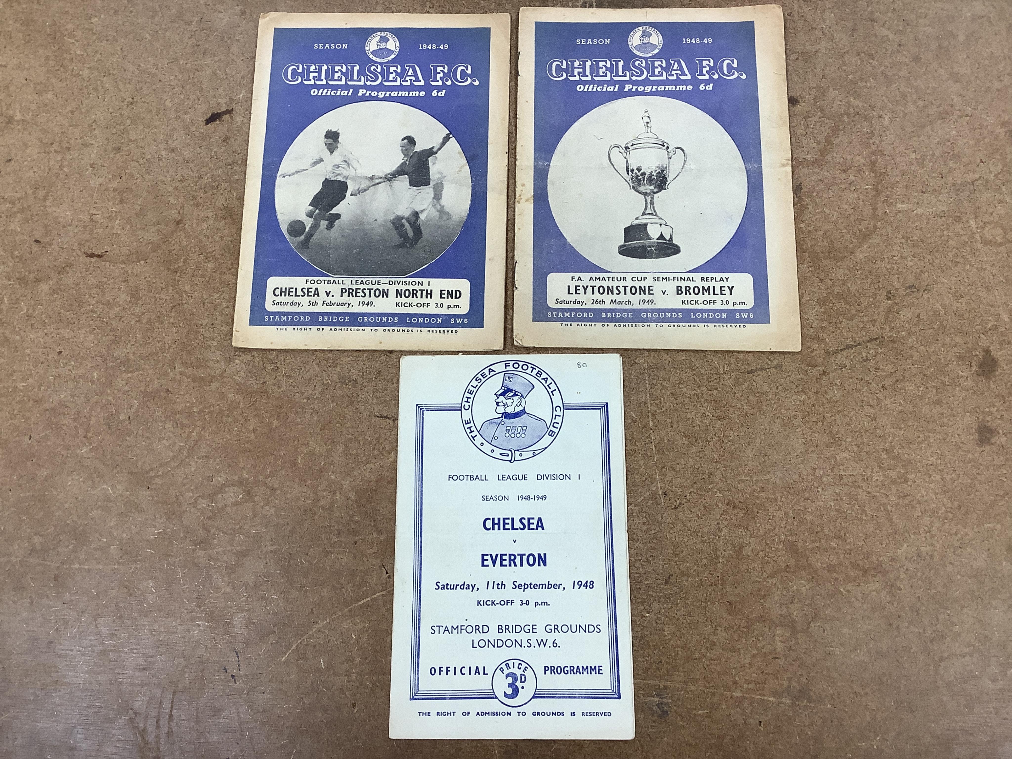 A collection of 1940s-70s football programmes, including Millwall, Fulham, Everton, Newcastle United, Crystal Palace, Leyton orient, Charlton Athletic, Brighton Hove Albion, Leicester City etc.